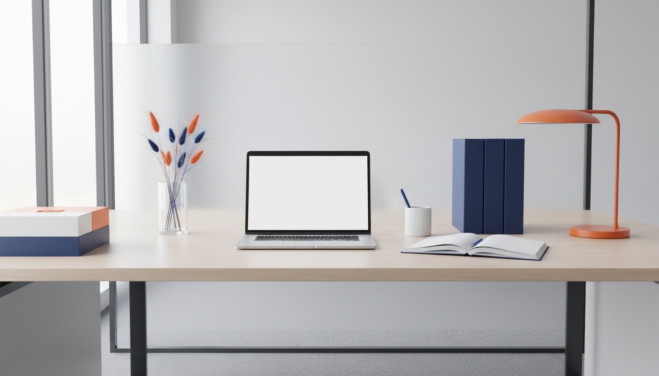 Postazione di lavoro moderna e ordinata con laptop e quaderno