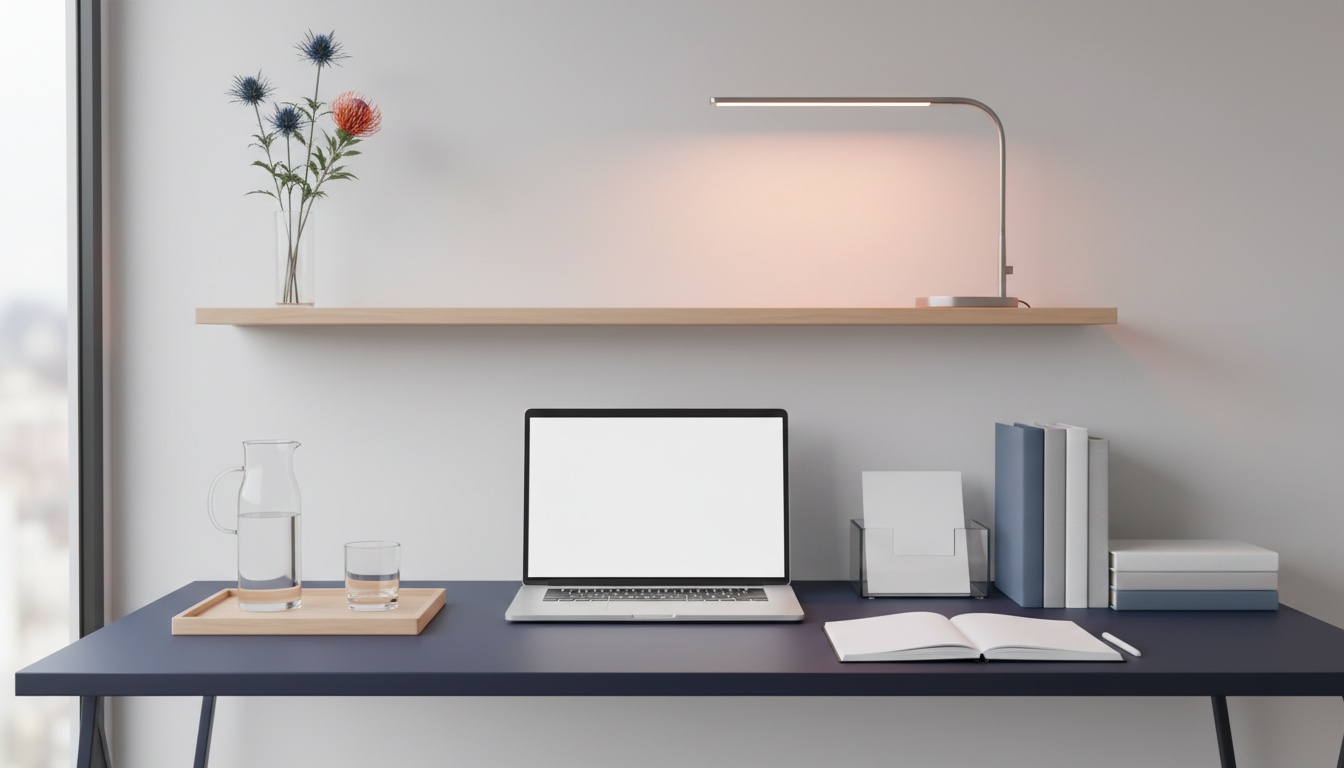 Postazione di lavoro moderna e ordinata con laptop e taccuino