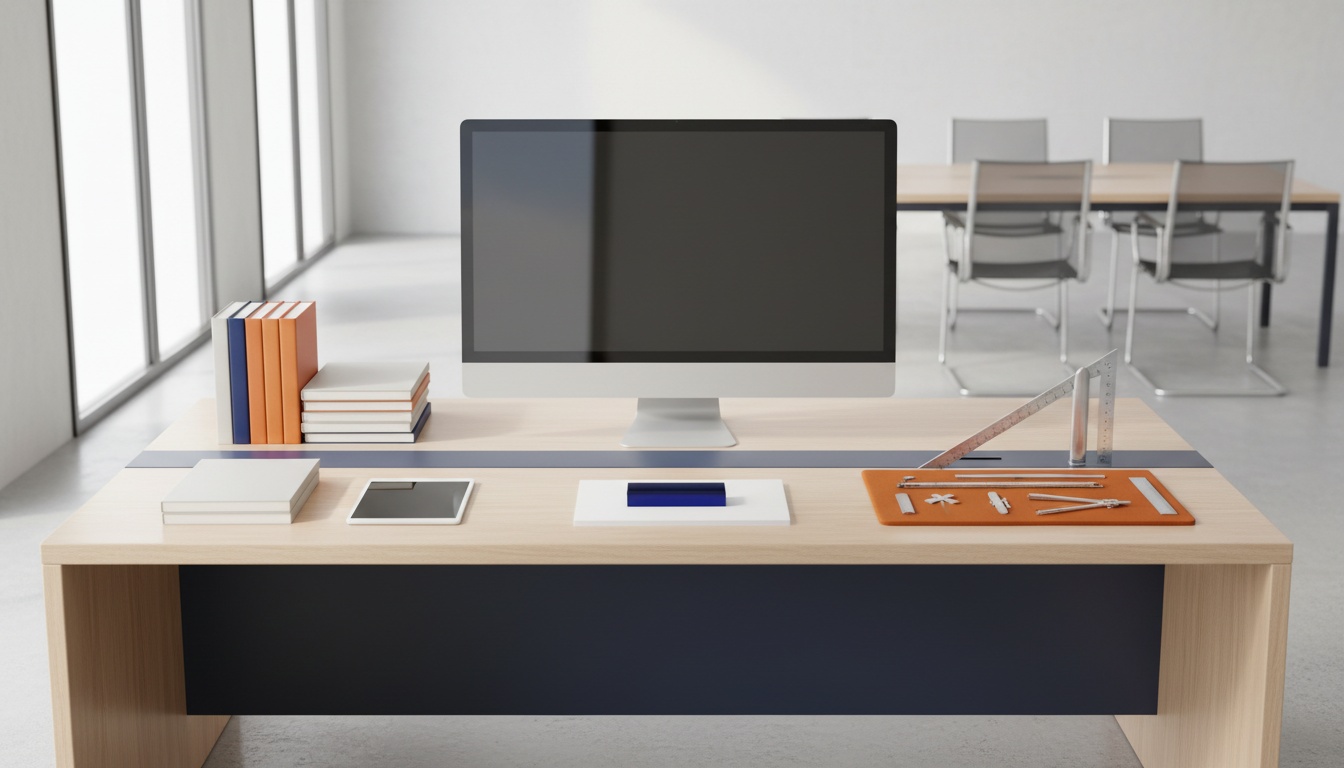 Scrivania d'ufficio luminosa con strumenti di lavoro ordinati per scegliere un partner commerciale etico.
