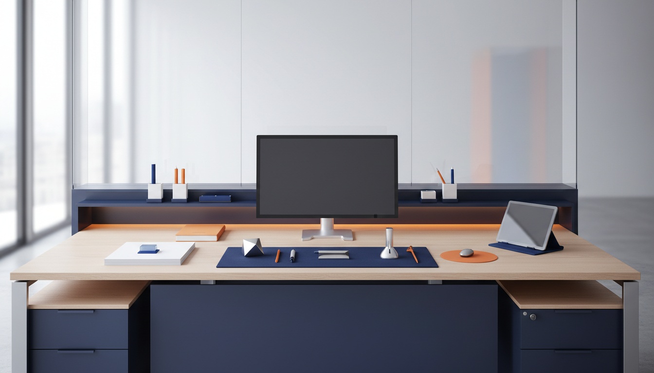 Postazione ufficio luminosa con strumenti di lavoro ordinati sulla scrivania