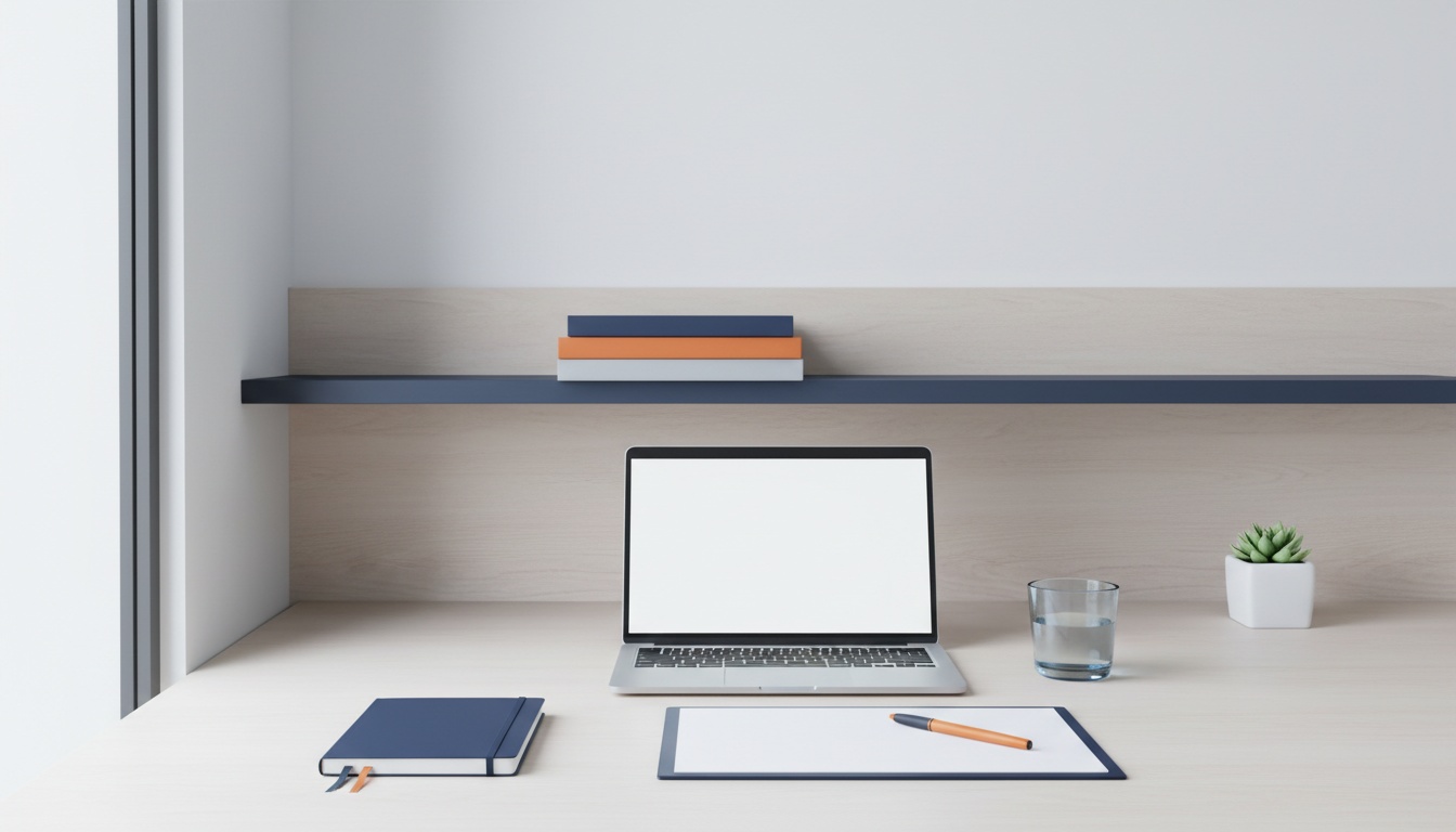Postazione di lavoro ordinata con laptop e quaderno per la guida al processo di vendita.