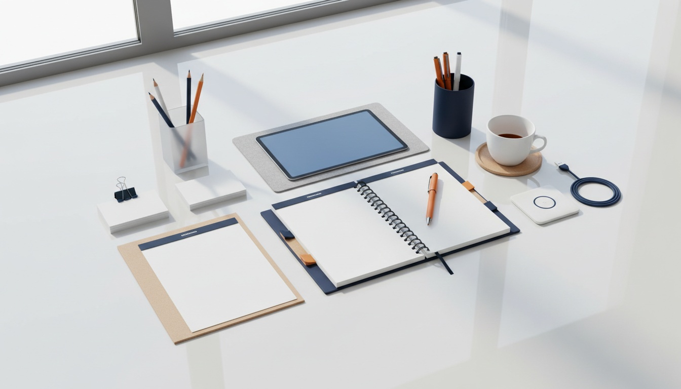 Scrivania ordinata con agenda, penne e note per gestire lead con team vendite esterno.
