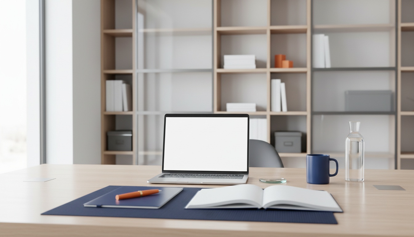 Spazio di lavoro moderno con laptop e taccuino per gestire lead senza team vendite.