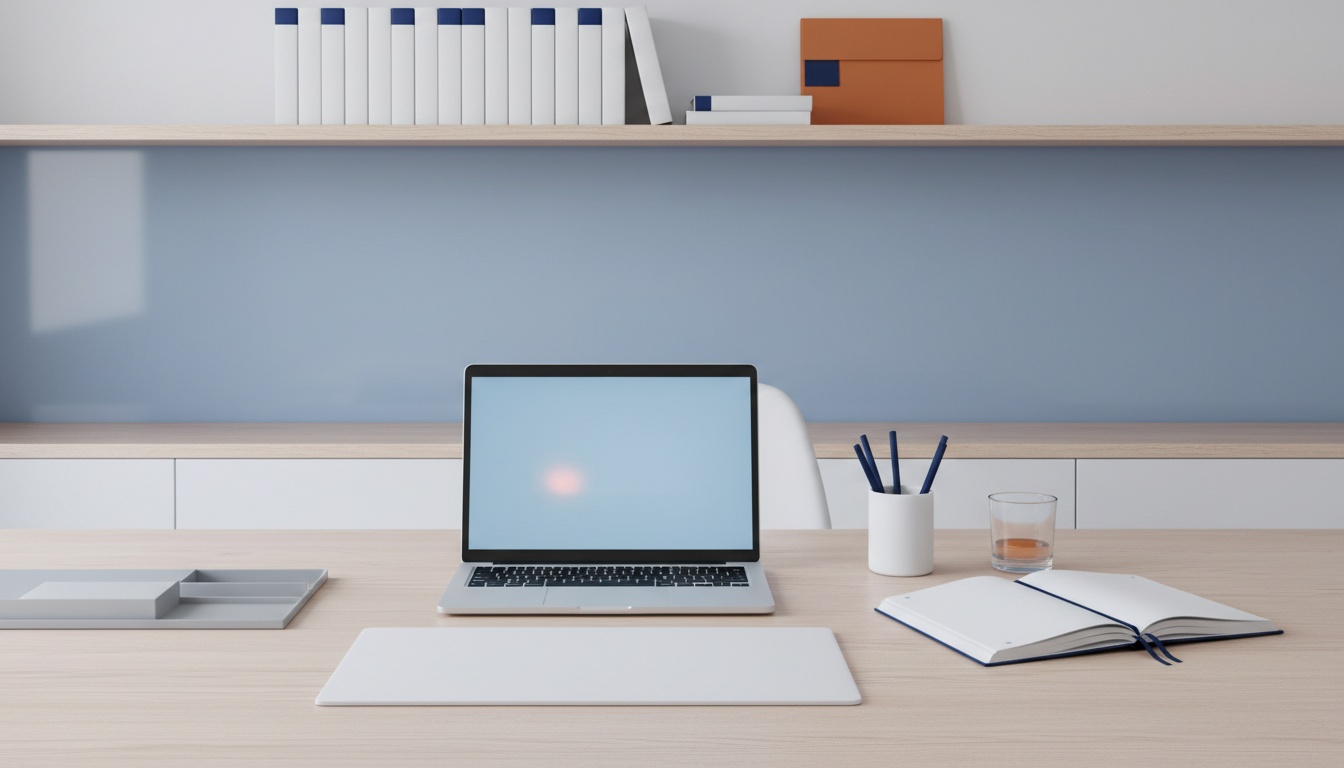 Postazione di lavoro moderna e ordinata con laptop e quaderno