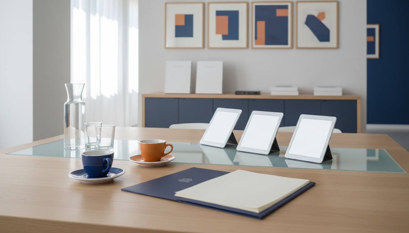 Tavolo di consulenza professionale con due tazze di caffè
