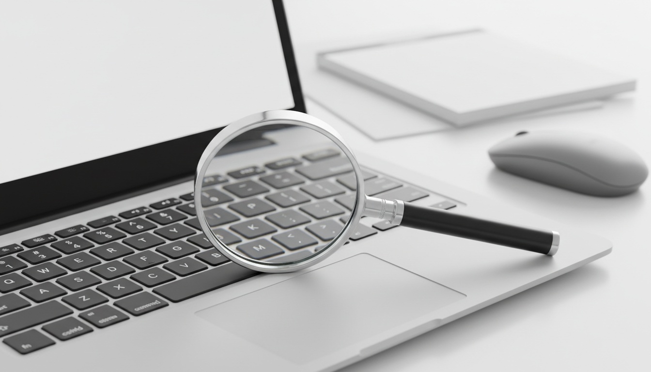 Magnifying glass on laptop keyboard, glowing screen light, macro detail.