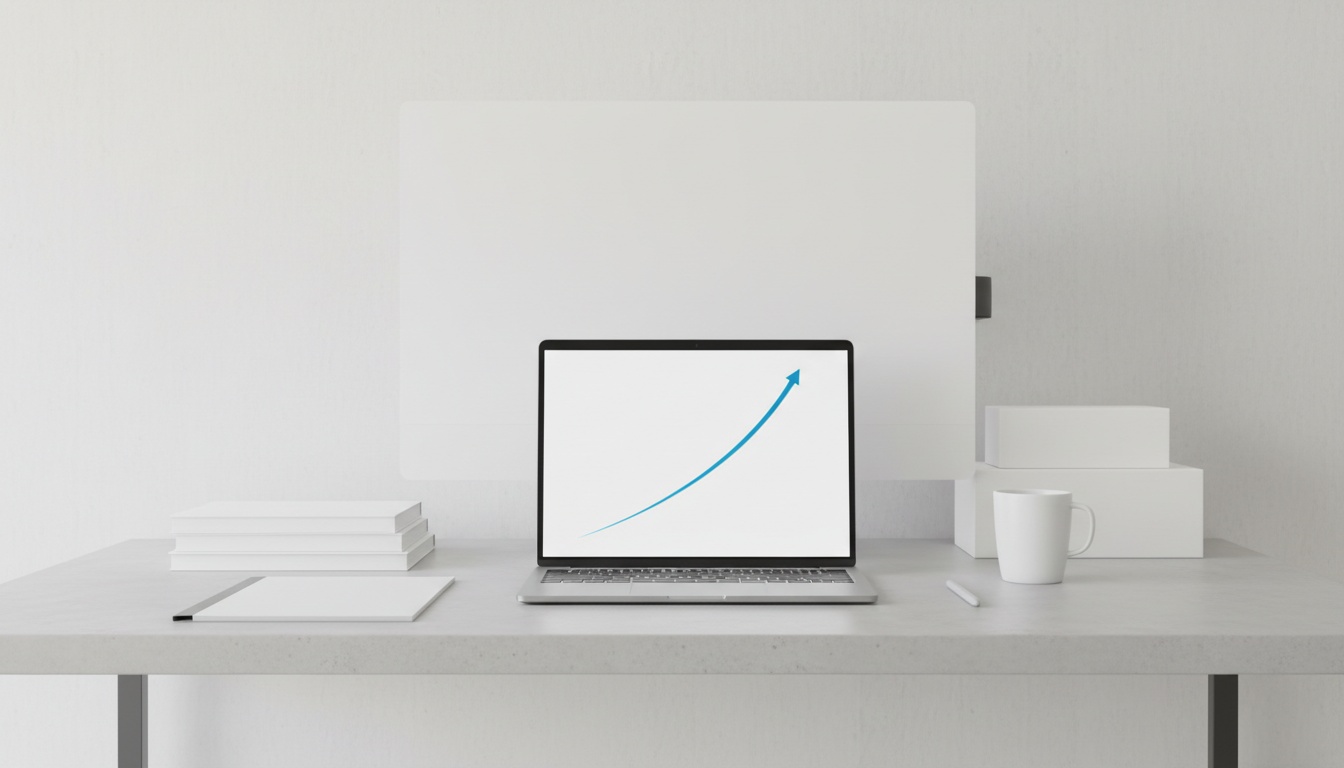 Low-angle photo of an open laptop on a desk showing a glowing upward line, shallow depth of field.