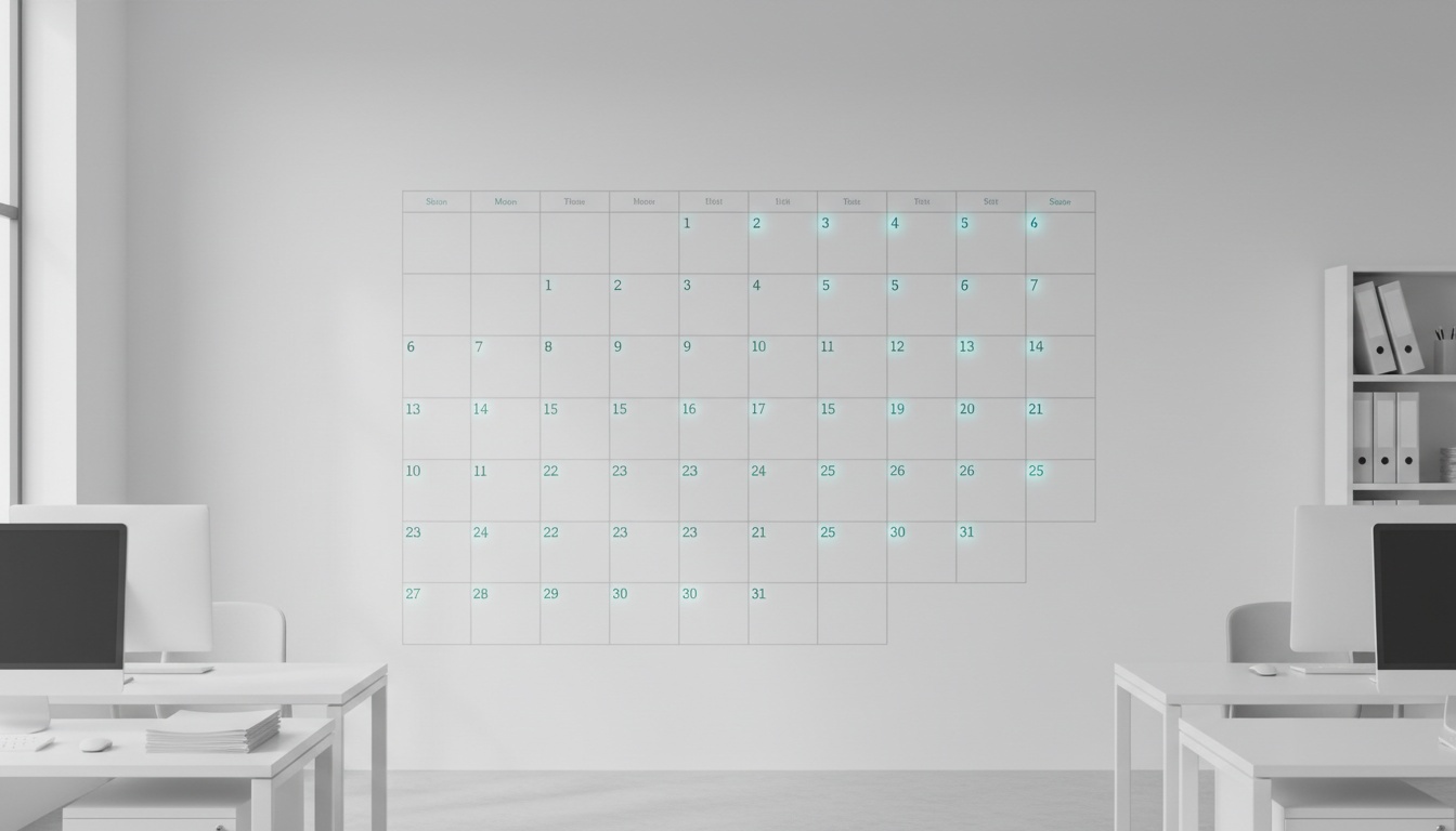 Wall calendar with every day marked by a small glowing dot, lit by soft daylight.