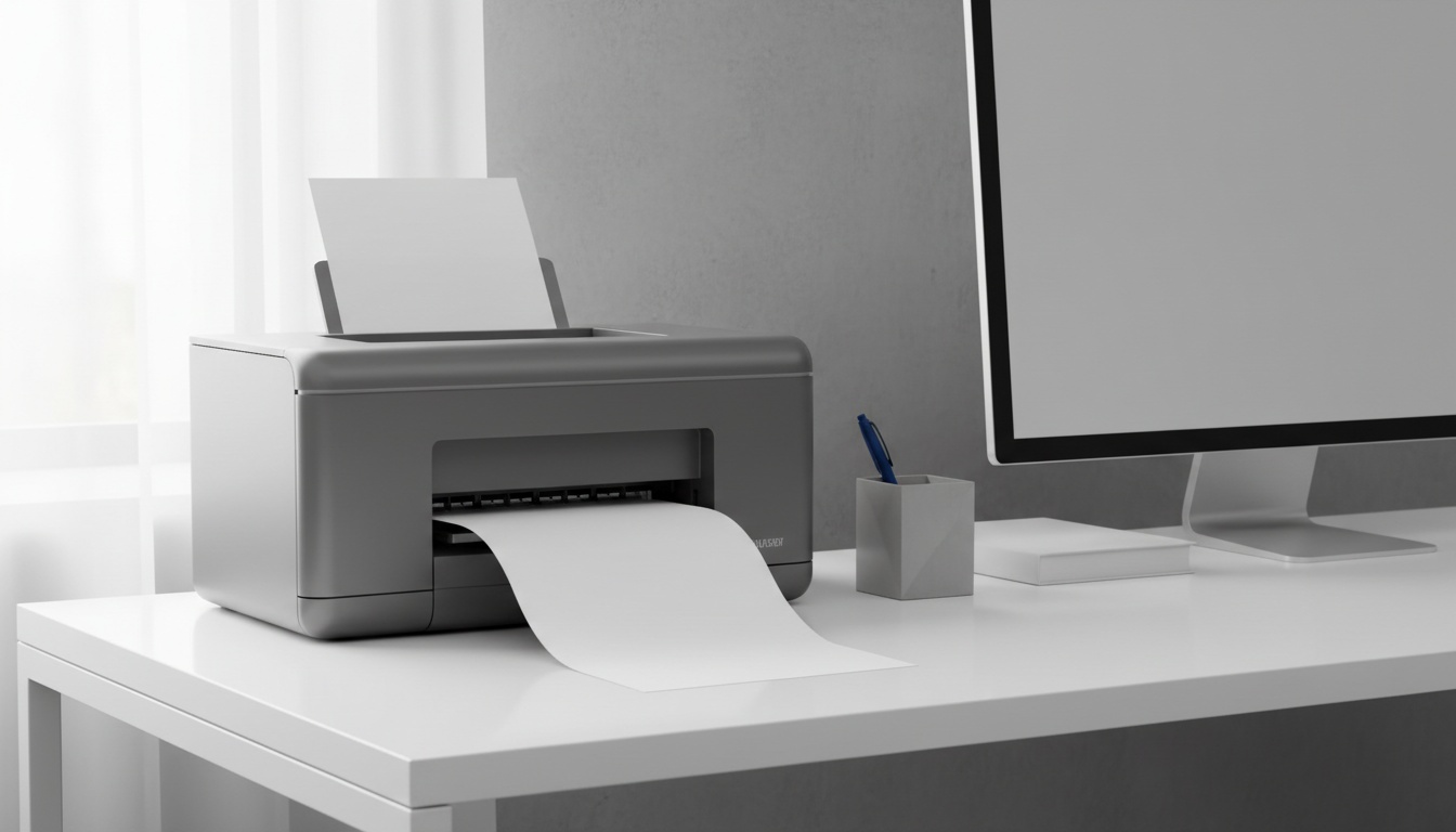 Printer printing a steady stream of pages onto a clean desk in morning light.
