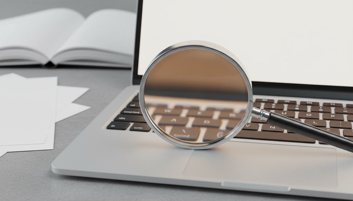 Magnifying glass on laptop keyboard, glowing screen, macro detail social media security