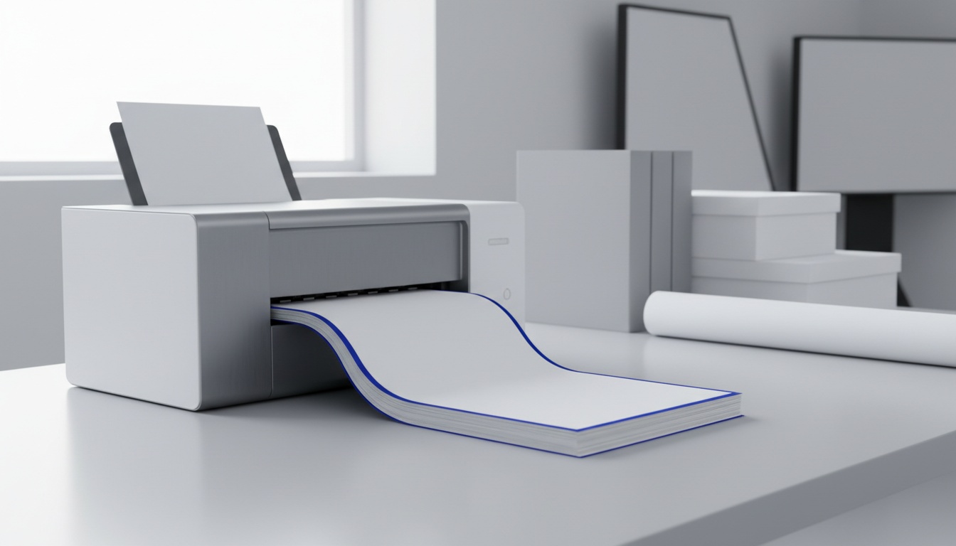 A modern printer printing pages onto a desk in morning light.