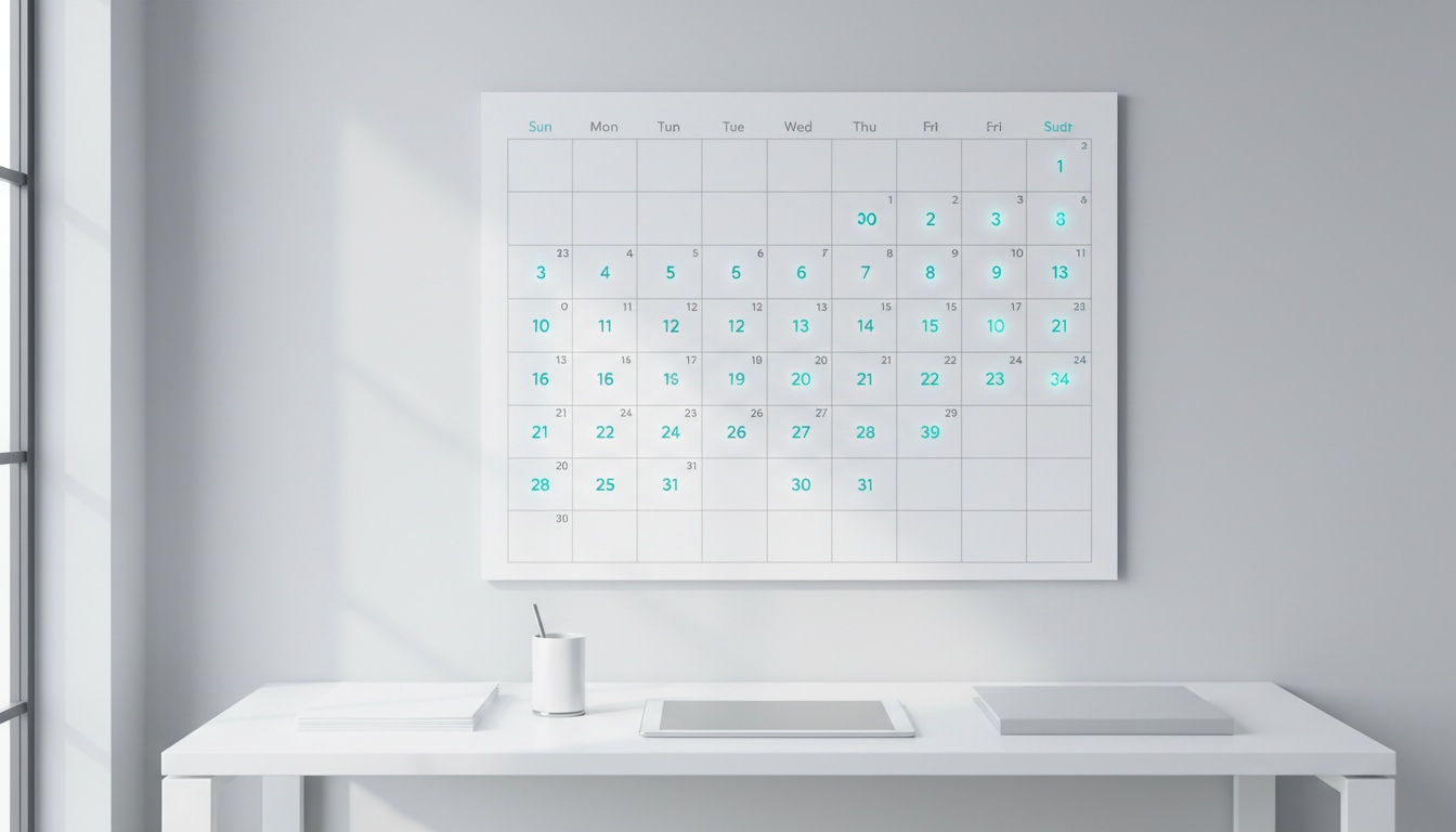 Wall calendar month with a glowing marker on every day, soft daylight.