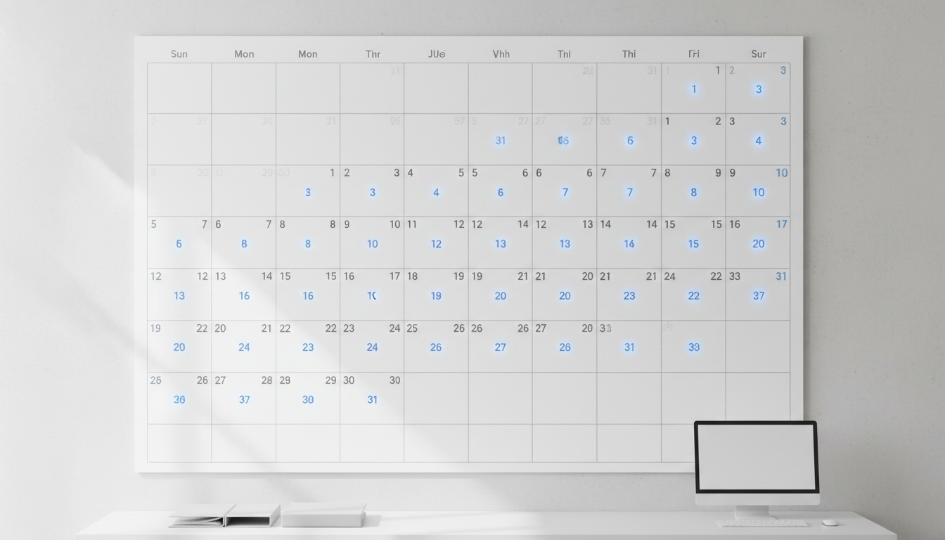 Wall calendar with a glowing marker on every day of the month, lit by soft daylight.