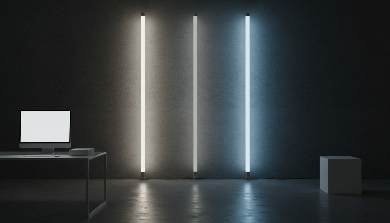 Three soft vertical light bars rise in height on a dark screen in a dim studio, cinematic.