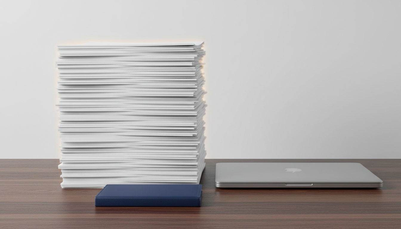 A tall stack of printed articles on a walnut desk beside a closed laptop, warm light.