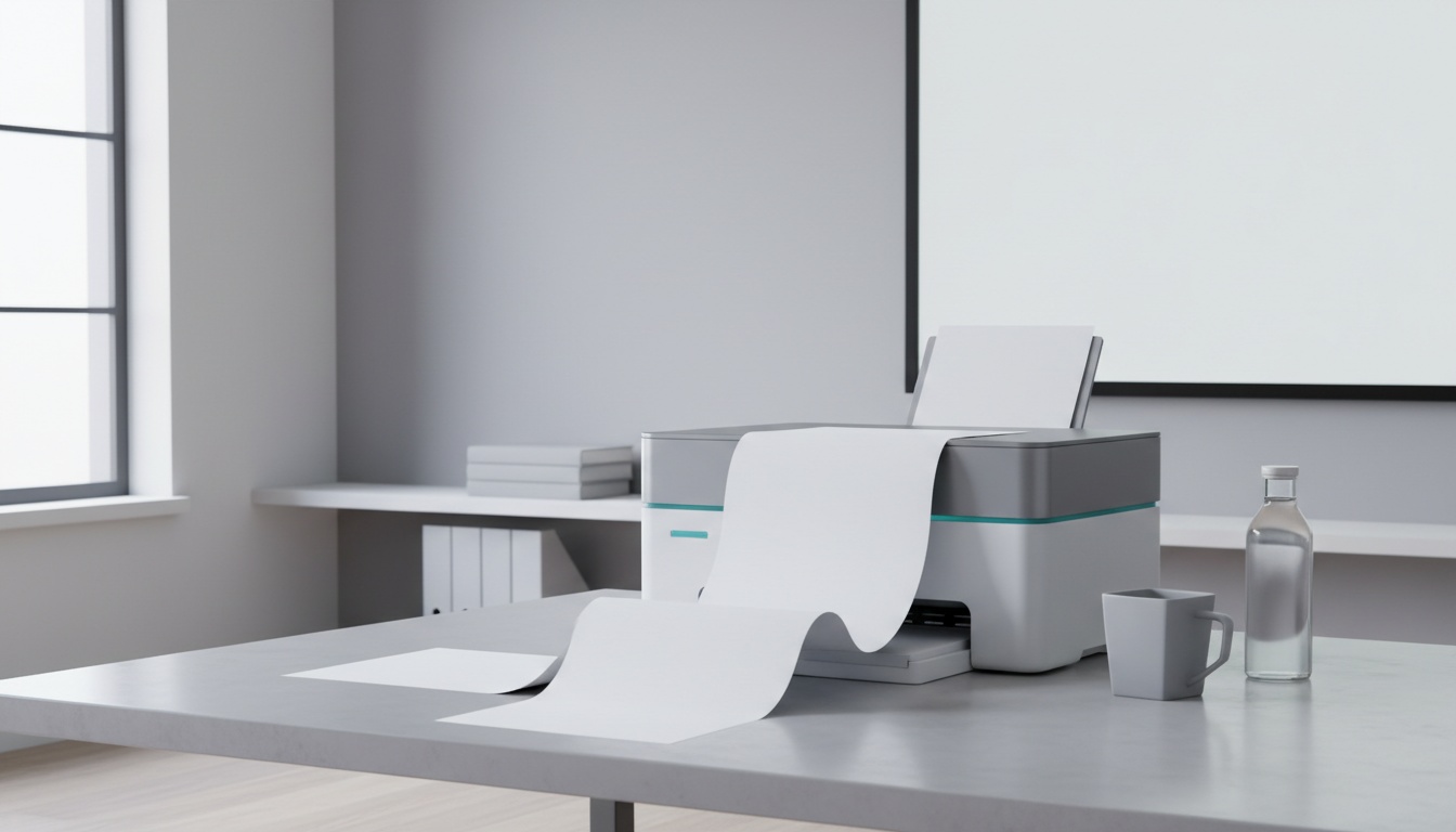 Modern printer outputs pages onto clean desk in morning light for social media review.