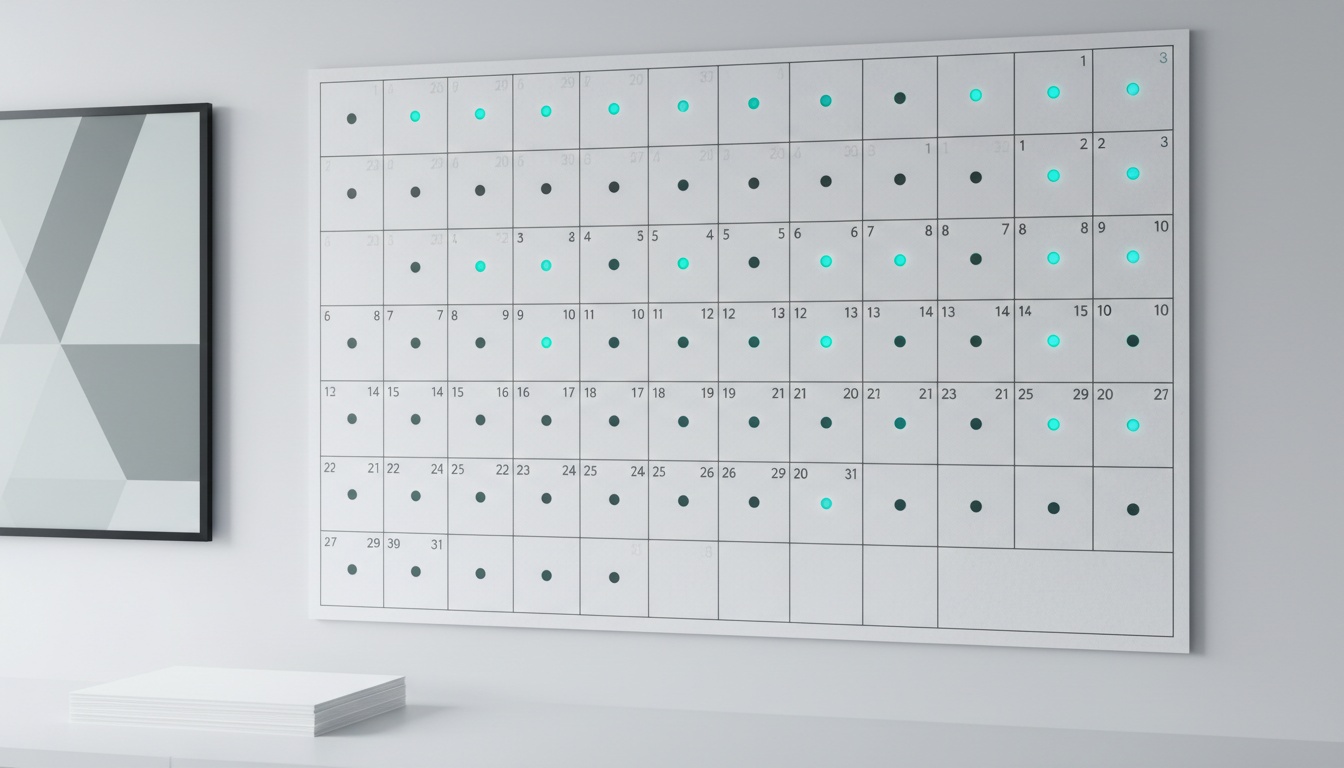 Wall calendar with a glowing marker on every day, symbolizing daily automated social media posts.