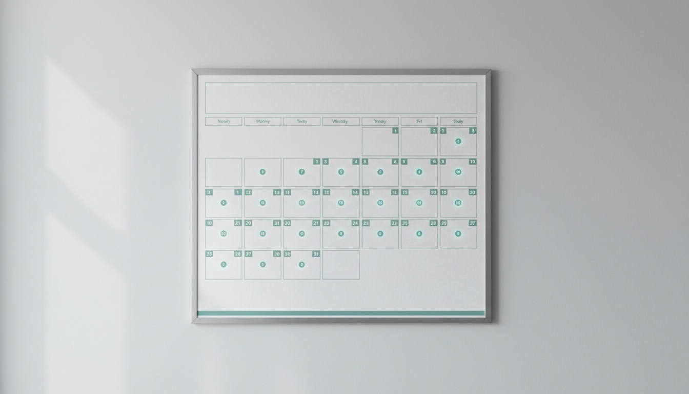 Calendar with glowing markers on every day, soft light, symbolizing daily posting habit.
