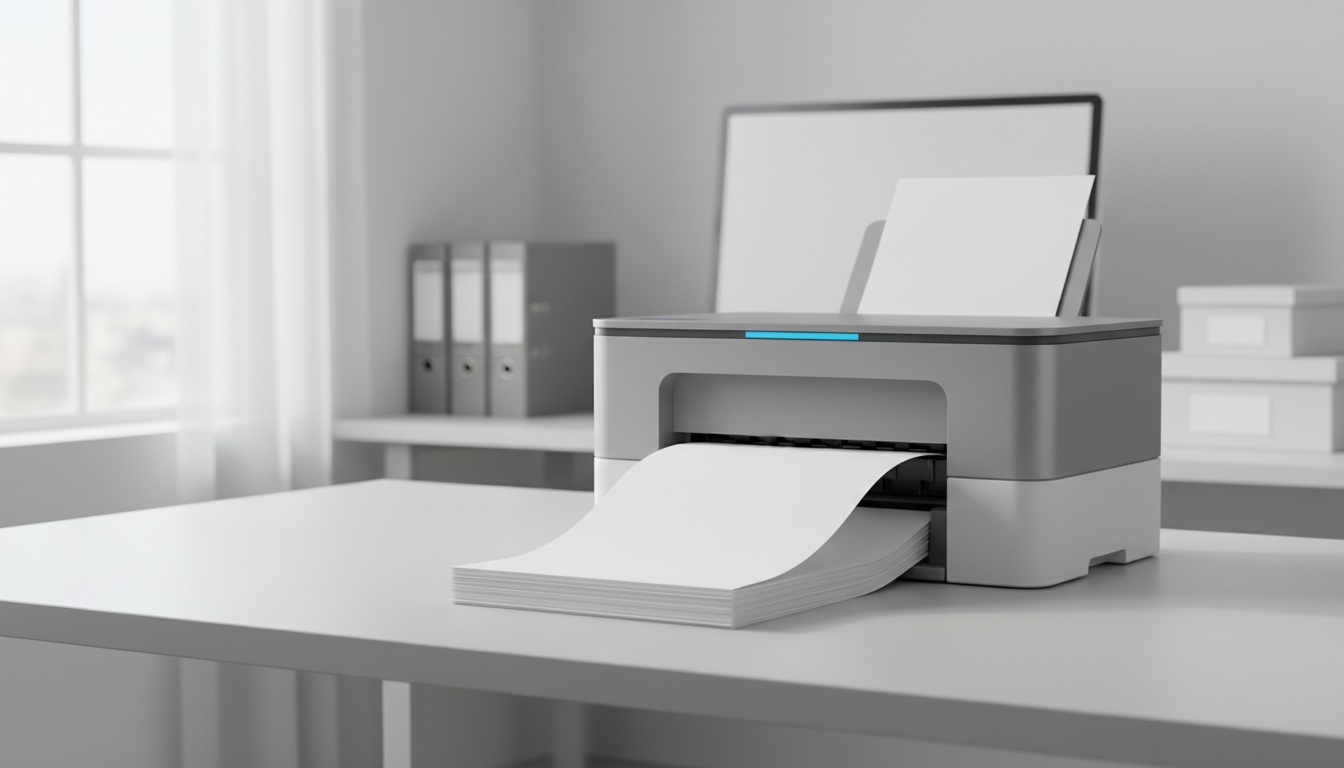 Modern printer releasing a stream of printed pages onto a clean desk in morning light.