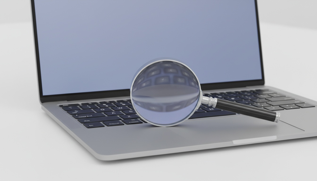 Magnifying glass on laptop keyboard glowing from the screen, macro shot, illustrating social autopilot setup.