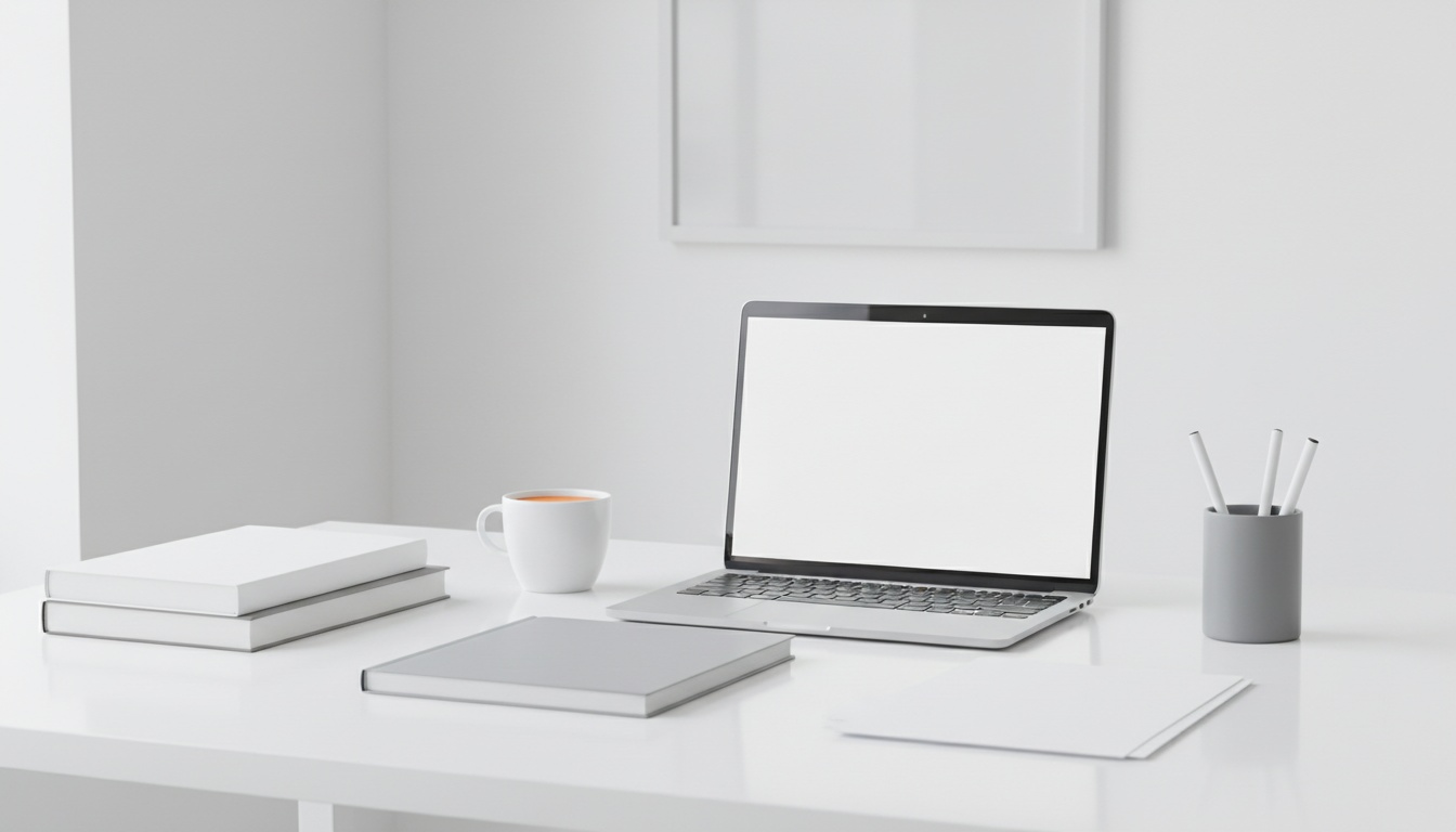 Modern workspace with laptop and notebook, comparing social media automation vs agency costs.