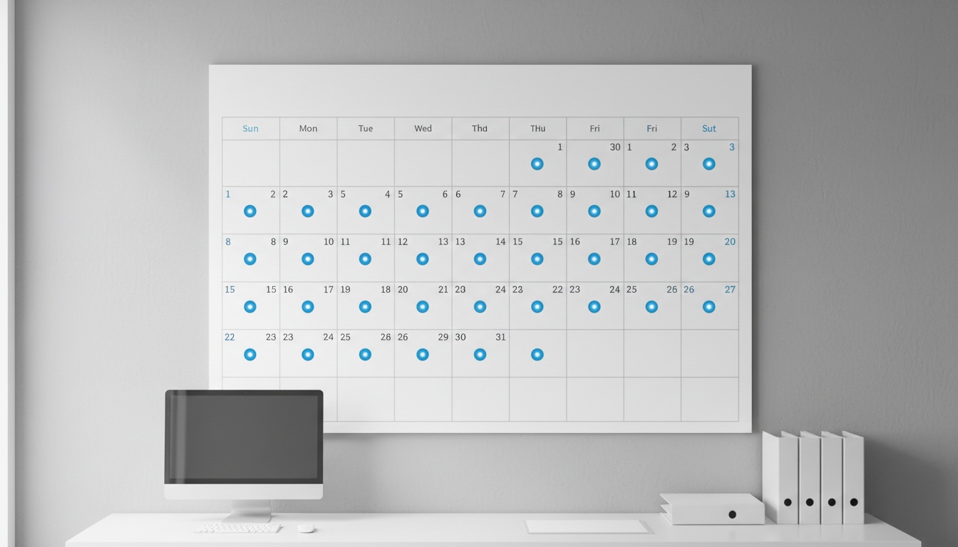 Wall calendar with every day marked by a glowing dot, in soft daylight.