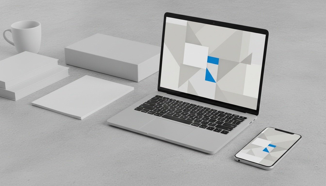 Laptop and smartphone on a stone desk showing the same glowing minimal layout, comparing social media management options.