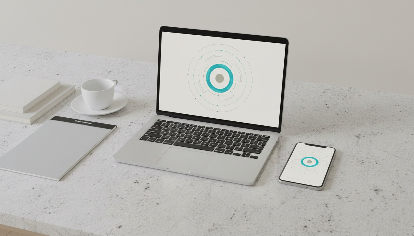 Laptop and smartphone on a stone desk showing the same glowing minimal layout side by side.