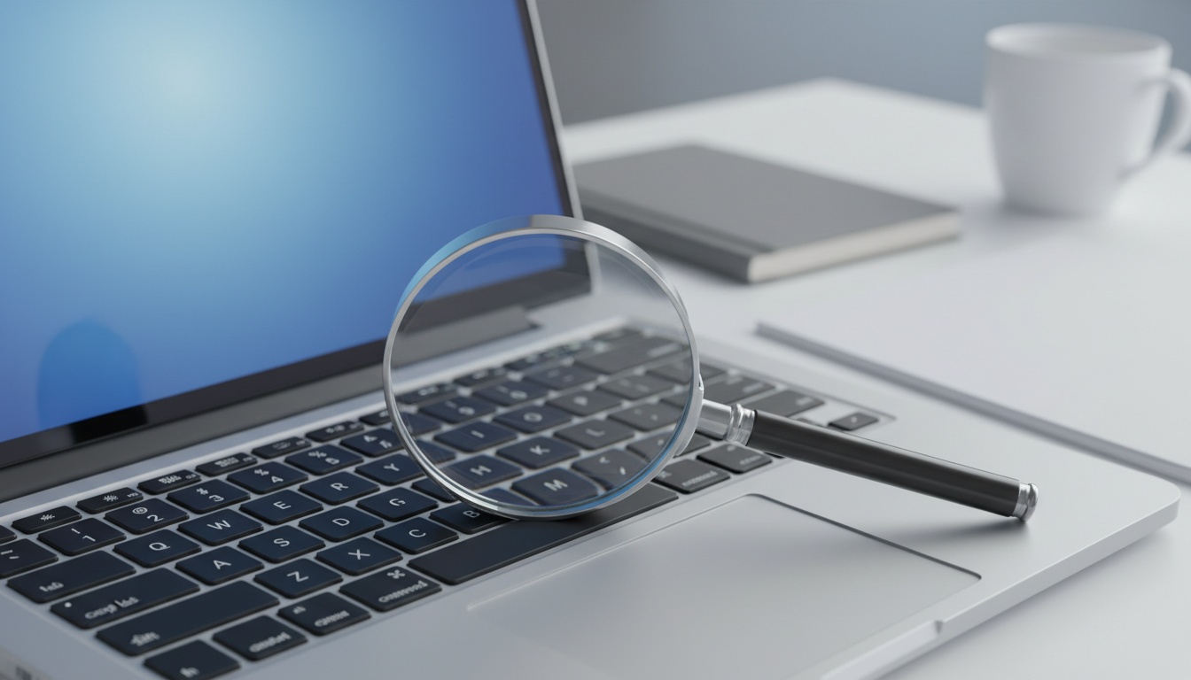 Macro shot of magnifying glass on laptop keyboard, glowing screen light, for content creation guide.