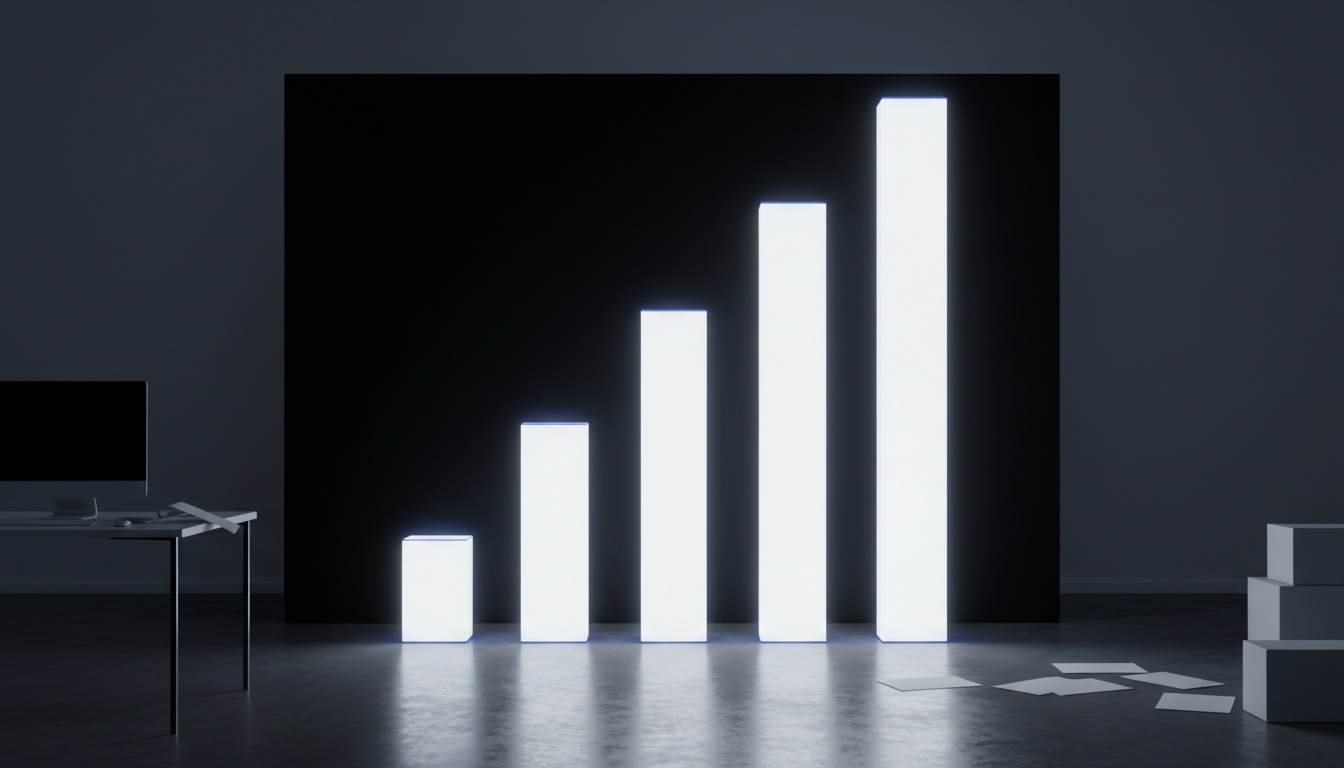 Three bars of soft light rise in ascending order on a dark screen in a dim studio.