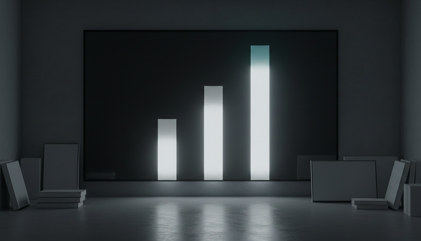 Three glowing vertical bars rising on a dark screen in a dim studio, cinematic