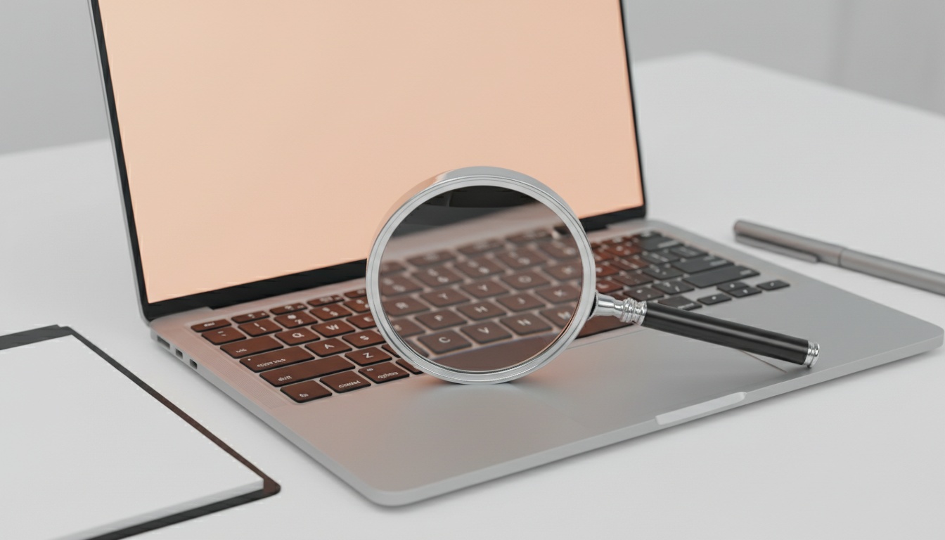 Magnifying glass on laptop keyboard in screen glow, close-up detail.