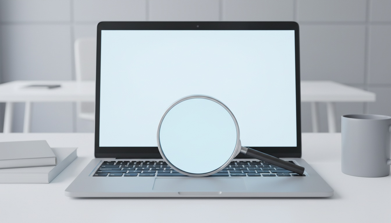 Magnifying glass on laptop keyboard, reflecting screen glow, macro detail.