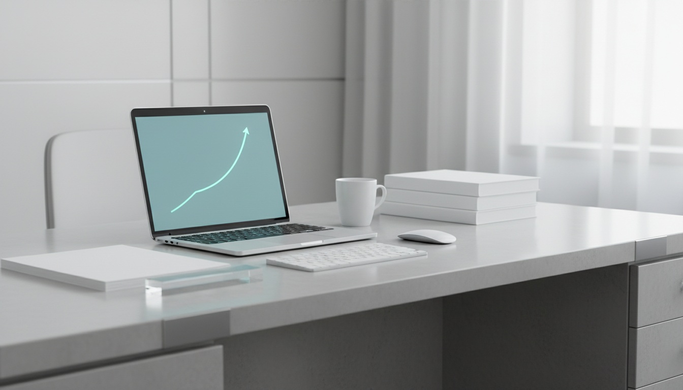 Low-angle shot of laptop on premium desk, glowing line spiking upward, shallow depth of field.