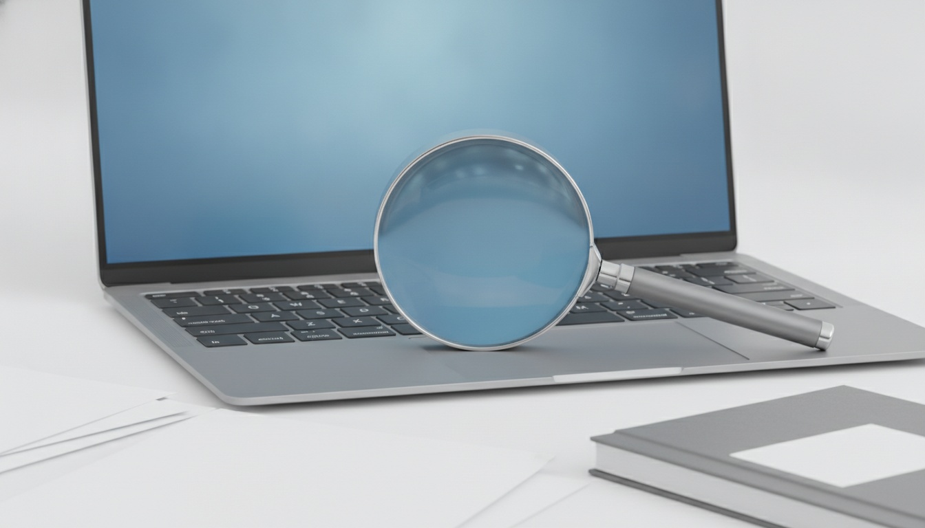 Magnifying glass on glowing laptop keyboard, macro detail for SEO blog automation.