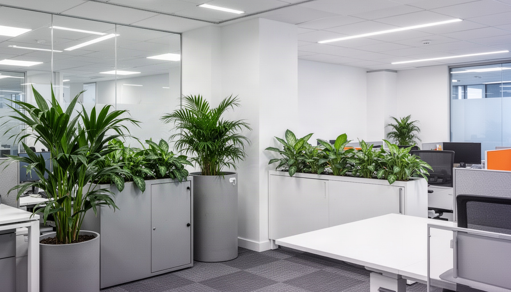 Modern open office corner with plants, symbolizing automated content vs agency ROI comparison.