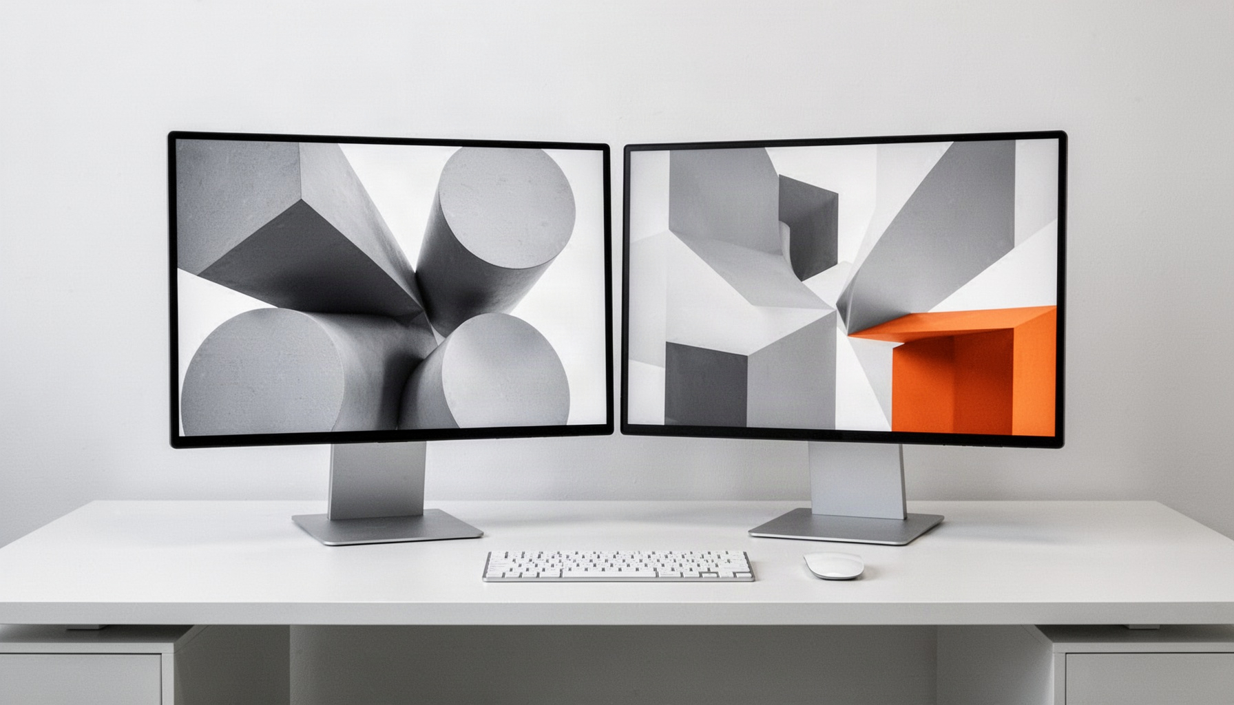 Espacio minimalista con doble monitor mostrando formas abstractas para automatizar tu blog sin perder tu voz.