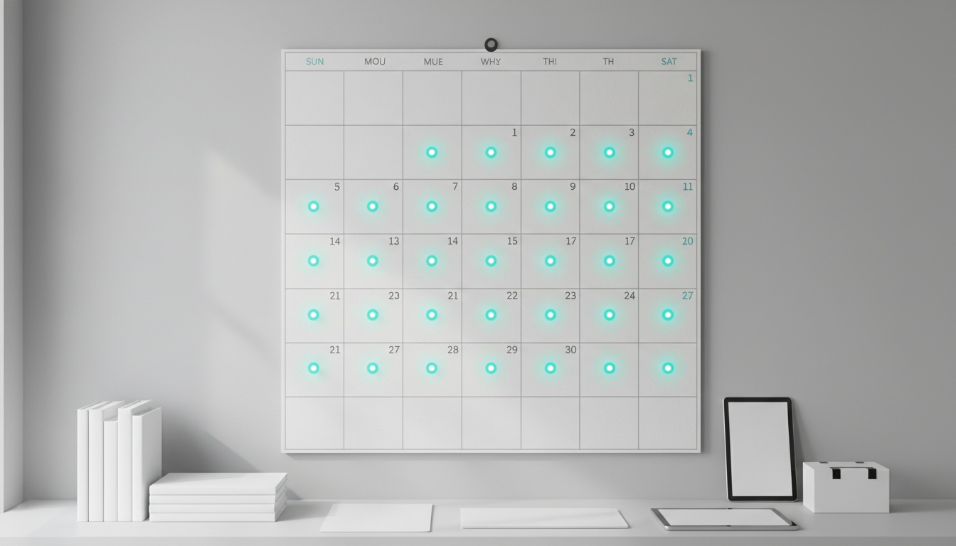 Wall calendar glowing daily markers, SEO content automation and brand control.