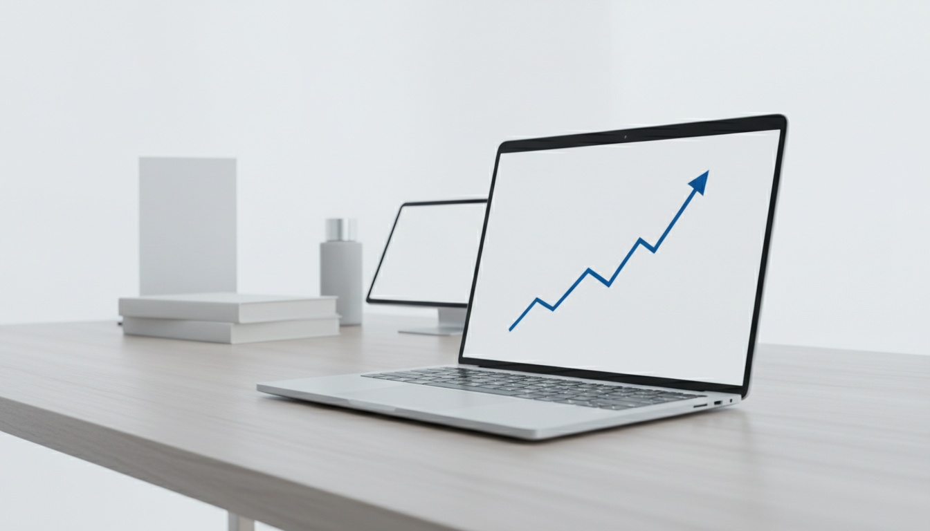 Low-angle view of laptop on desk, screen shows glowing line climbing steeply upward.