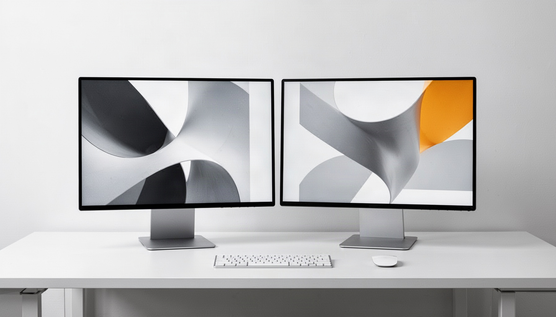 Minimalist dual-monitor workspace with abstract shapes, ideal for automated blogging.