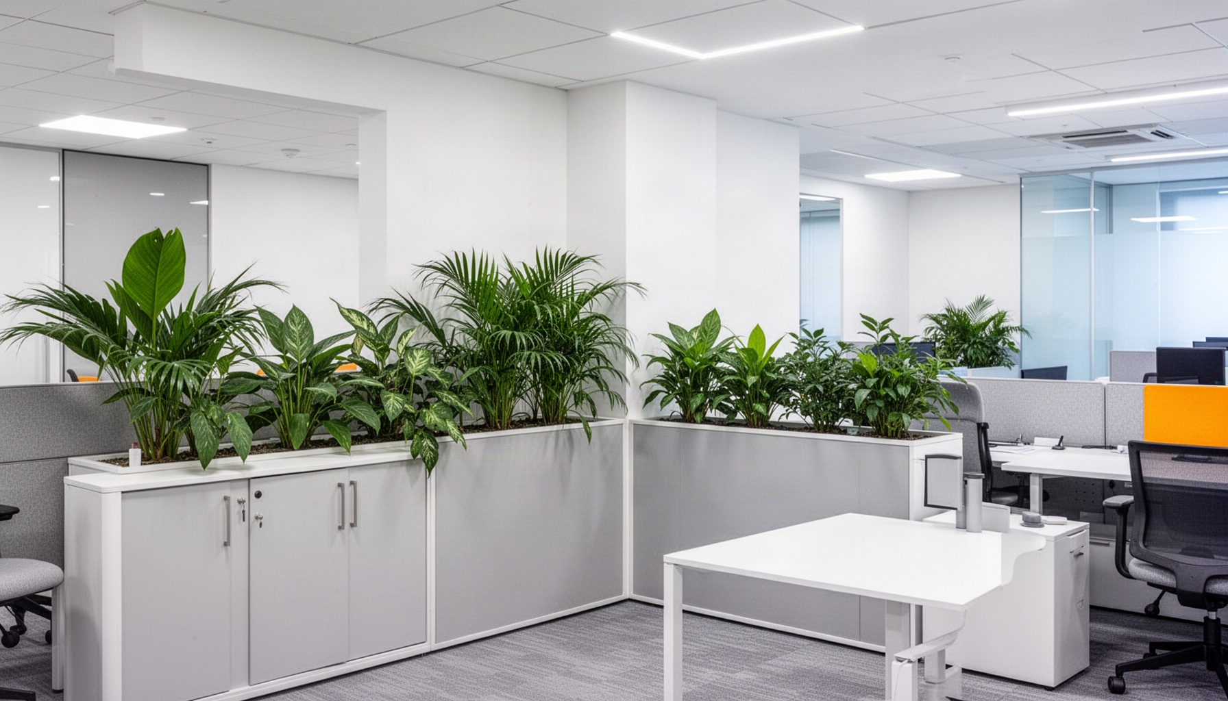 Modern office corner with plants, symbolizing automated SEO content in brand voice.