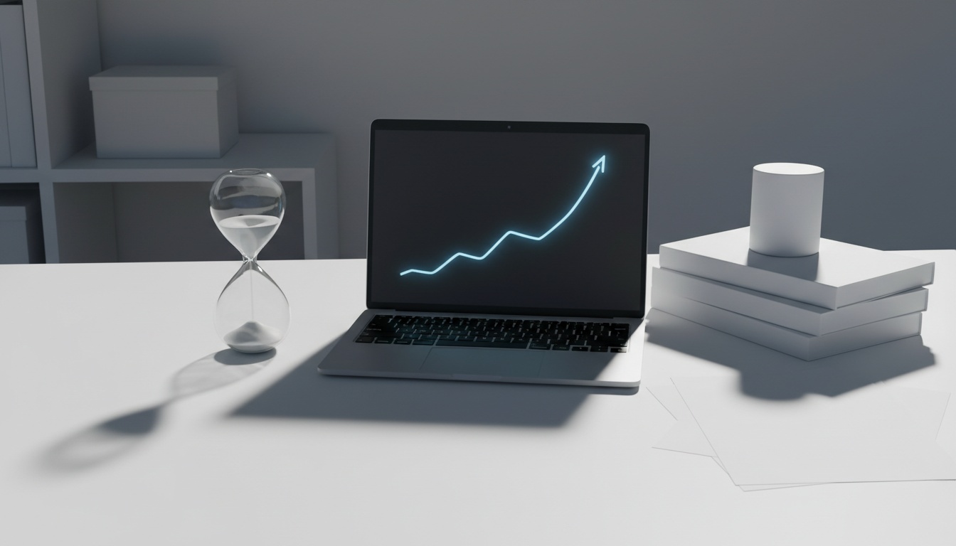 Hourglass and laptop with glowing graph symbolize sustainable automated blogging workflow.